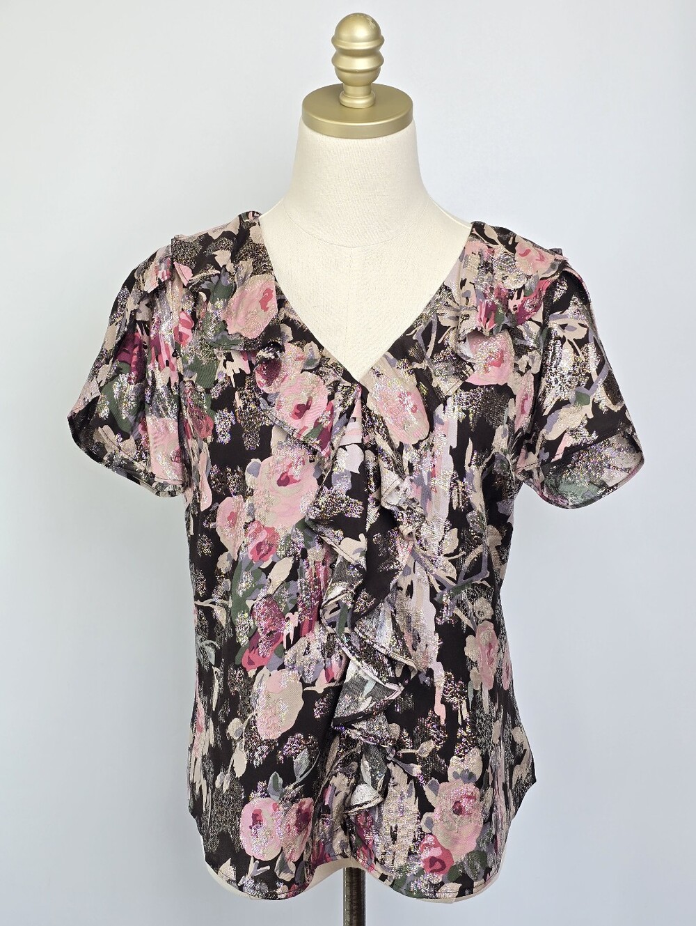 NWT Lauren Ralph Lauren Metallic Floral Jacquard Ruffle Flutter Sleeve Blouse S